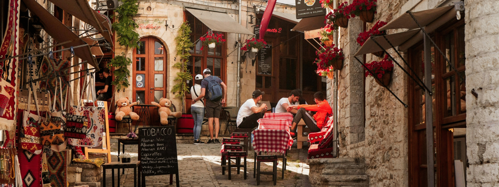 Gjirokastra old bazaar Albania - cobblestone street in the UNESCO heritage city