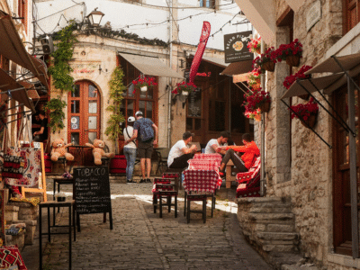 Gjirokastra old bazaar Albania - cobblestone street in the UNESCO heritage city